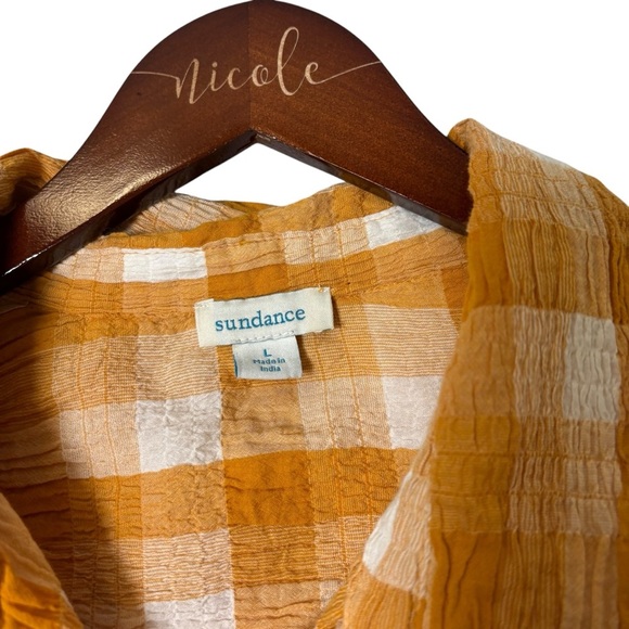Sundance Lorna gauze short sleeve button up blouse, yellow check print, Large - Picture 7 of 7